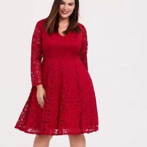 Torrid Embroidered Red Long Sleeve Lace Skater Plus Size Dress SZ 1X/ 14-16